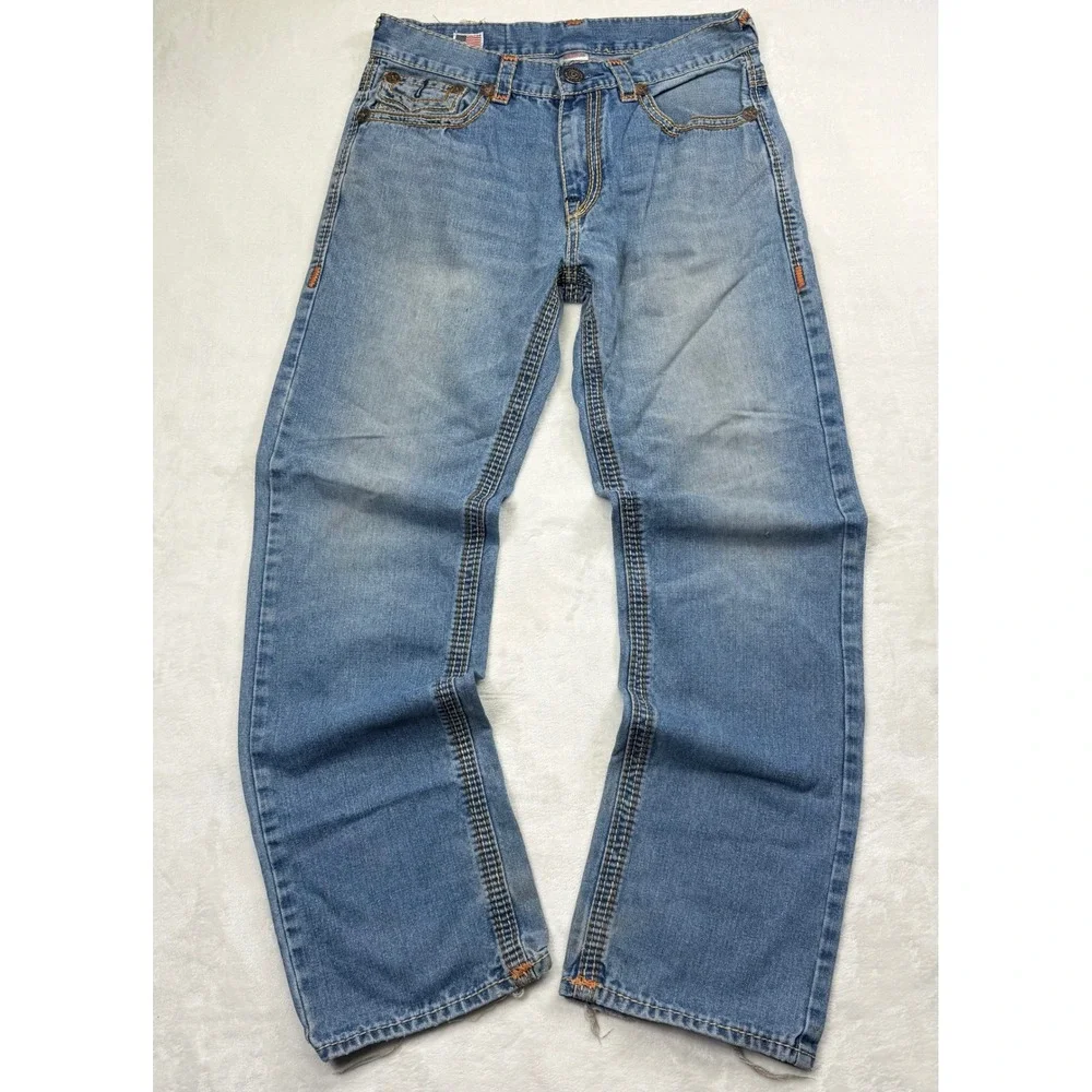 True Religion Ricky Straight Leg Jeans Mens 34x32 Made in USA Light Wash Blue